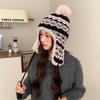 Gorro cálido de punto jacquard de estilo étnico con forro polar para mujer, sombrero Lei Feng de otoño e invierno, gorro de viaje para esquiar, gorro de lana que protege las orejas