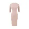 Estilo puramente seductor, cuello semi-alto, vestido de punto acanalado bodycon de manga media para mujer, adecuado para primavera y otoño, color liso, corte ajustado, vestido de longitud media