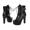Botas de Cuero para Mujer Otoño/Invierno de Caña Baja con Punta Redonda y Tira Cruzada, Plataforma Impermeable, Tacón Súper Alto, Tacón Grueso Versátil, Moda de Tallas Grandes para Comercio Exterior