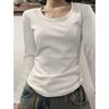 Primavera y Verano Nueva Camiseta de Manga Larga con Cuello Redondo y Hombro Derecho Descubierto para Mujer Algodón Interior Cuello Bajo Tejido Acanalado Ajustada Adelgazante Look Top Camiseta Interior