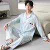 Cárdigan largo de manga larga y pantalón largo para hombre al por mayor, pijama de algodón puro, ropa de casa casual de dibujos animados para otoño, conjunto de dos piezas