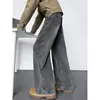 Calça jeans americana com estampa splash ink e perna curva, coleção de outono masculina, calça de perna larga lavada e solta da moda, calça casual reta para homens