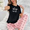 Conjunto de Pijama Feminino Europeu e Americano Transfronteiriço Loungewear Seda de Leite Estampa de Letras por Toda Parte Manga Curta Calça Longa Atacado Estilo Fino