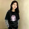 Camiseta de manga larga de algodón puro para niña, look de dos piezas para primavera y otoño, cuello redondo, camiseta básica elegante, top a rayas de moda versátil estilo coreano