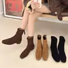 Botas Femininas de Couro Macio Estilo Coreano para o Dia a Dia, Bico Quadrado, Emagrecedoras, Elásticas e Justas, Botas Curtas de Outono e Inverno com Salto Médio Bloco, Botas da Moda