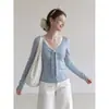 Forever21 Top de Punto Manga Larga Calado de Encaje Bloque de Color Gris Oscuro para Mujer Otoño Falso Dos Piezas Adelgazante