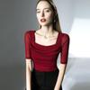 Vintage Square Collar Meia Manga Mesh Top Primavera e Verão Nova Camisa Base Interna