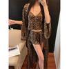 Pijama Sexy Francês com Estampa de Leopardo para Mulheres no Verão, Robes Slim e de Alta Qualidade, Alças Finas, Shorts, Roupas para Casa que Podem Ser Usadas Fora
