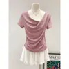 Camiseta Sexy de Color Durazno, Hombros Descubiertos, Manga Corta para Mujer, Verano 2025, Ajustada Irregular que Ceñe la Cintura, Adelgazante, Top Hot Girl