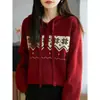 Suéter Pulóver Rojo Holgado Estilo Coreano con Capucha y Jacquard Fair Isle 2026 Nuevo para Mujer, Otoño e Invierno, Sensación de Alta Gama