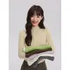 Top de punto amarillo de cuello medio alto para mujer, suéter de otoño e invierno
