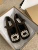 Sapatos femininos elegantes Mary Jane, estilo francês de veludo, bico quadrado, strass, lã, pele, sapatos femininos de inverno