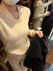 [Andy Velvet Wash] Conjunto estilo coreano: Suéter de punto de manga larga con cuello en V de color albaricoque, corte ajustado, estilo corto, para mujer, otoño/invierno