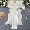 Temperamento Coreano Estilo Hepburn Moda de Alto Padrão Cintura Marcada Ajustada ao Corpo Gola Redonda Malha Tecido de Seda Gelada Vestido Longo para OL que Molda o Quadril