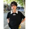 Polo masculino listrado azul escuro com zíper parcial e gola de lapela estilo universitário de verão camiseta de manga curta peso pesado manga curta toque de alta qualidade