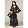 Vestido de gasa floral negro para mujer, primavera temprana 2026, otoño, invierno nuevo casual de manga larga estilo francés