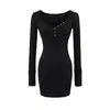 Vestido Largo Bodycon Ajustado de Estilo Maduro Puramente Atractivo con Escote en V Profundo Sexy, Escote Bajo, Diseño que Favorece la Figura, Mangas Largas Abotonadas, Vestido de Primavera para Mujer