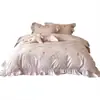 1 Conjunto de Cuatro Piezas Estilo Romántico y Femenino de Algodón Puro de Fibra Larga con Bordado de Poni Dorado y Funda Nórdica de Encaje, Ropa de Cama de Algodón Puro