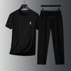 Conjunto Informal Deportivo de Dos Piezas para Hombre de Verano 2026 de Alta Calidad, Camiseta de Manga Corta con Cuello Redondo, Pantalones de Seda de Hielo, Color Sólido para Edad Media