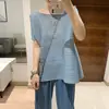 Top de manga corta holgado ajustado con pliegues ocultos en los laterales, estilo camisa de muñeca, camiseta para mujer