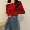 Suéter de malha outonal ombro a ombro feminino nicho blusa básica 2024 novo design justo de manga comprida peça externa top
