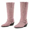 Botas altas de punta para otoño e invierno talla grande, zapatos de tacón alto de color liso, botas versátiles para mujer sin cordones de tacón cuadrado, botas de moda de comercio exterior transfronterizo