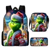Monstro de Cabelo Verde Grinch Mochila Escolar Grinch Transfronteiriça Nova Mochila Escolar Mochila Cartoon Conjunto de Três Peças Bolsa Lateral Estojo