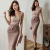 Verão 2026 Novo Estilo Estilo Coreano Ol Elegante Renda Costurada Saia Suspensa Bodycon Justa ao Corpo Vestido com Fenda para Mulheres