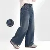 Calça Jeans Wide Leg Feminina Outono 2026 Novo Estilo Calça Bordada Infantil Roupa de Outono Meninas Crianças Grandes Calça Longa Reta Slim