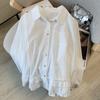 Item Popular de Alto Padrão da Thirteen Lines ~ Camisa Feminina Manga Longa Azul Islandês com Design Solto e Gola Franzida