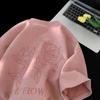 Camiseta Masculina de Suede Pesado com Manga Curta Verão Retrô Americano Tendência Marca Meia-Manga Solta Estampa de Rosa Tops de Casal