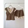 Directo de Fábrica/Con Copas Acolchadas Dulce Estilo Fresco Set de Pijama con Estampado de Leopardo para Mujer Verano Encaje Cuello en V Cintura Ajustada Doble Corto Conjunto de Ropa para el Hogar