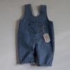 Calças de Sarja Azul Jeans Coreanas Ins de Cor Sólida com Bolsos e Alças para Meninos e Meninas Bebê Primavera Outono Verão Calças Casuais com Alças