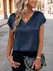 Camiseta de Satén Transfronteriza Europea y Americana de Amazon Primavera y Verano Nueva para Mujer Color Puro Negocios Cuello en V Informal Pulóver Superior para Mujer