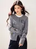 Tiro Real 2025 Estilo Coreano Petite Otoño Nuevo Delgado Cuello Redondo De Botones Patrón Creativo Bordado Tejido para Mujer