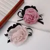 Elástico de Cabelo Scrunchie Rosa de Renda Suave Estilo Coreano para Meninas, Corda de Cabelo Doce com Laço Floral Acessório de Cabelo Elástico