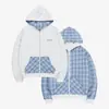 Conjunto de moletom com capuz retrô estilo INS outono e inverno transfronteiriço, apresentando um design falso de duas peças com uma camisa xadrez e uma jaqueta com zíper