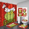 Juego de cortina de ducha impermeable con temática de Grinch, incluye cuatro piezas: cortina de ducha de poliéster, juego de baño impermeable y resistente al moho, y alfombrilla de baño