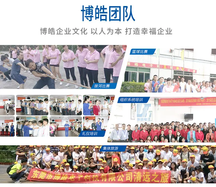 东莞市博皓电子科技有限公司团队风采展示，企业以人为本，通过篮球比赛、拔河比赛、礼仪培训与集体旅游等活动打造幸福企业文化，彰显硅胶按键厂家团队凝聚力与IATF16949认证企业实力
