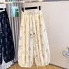 Calças pantalona de algodão e linho com estampa retrô para mulheres, calças harém cropped finas casuais de verão, calças jogger versáteis de corte solto