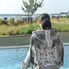Conjunto de dos piezas de sudadera con capucha y cremallera con estampado de cruz desgastado y pantalones de chándal de pierna ancha, atuendo deportivo casual de calle americano