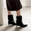 Encuentro Cercano Temporada 2026 Nuevo Otoño/Invierno Estilo Francés Punta Fina Tacón Bajo de Gatito Fruncido Caña Ancha Negro Botines de Moda para Mujer