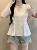 Camisa Azul Casual de Manga Corta para Mujer Talla Grande Verano MM Gordita Cubre Defectos Top Adelgazante Sensación de Alta Gama Hombro Recto Chic Top Pequeño