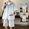 L-9XL Verano Nuevo Talla Grande Traje de Shorts de Manga Corta de Seda Helada para Hombres, Deportivo Casual, Holgado, Transpirable, Estampado y Teñido Degradado