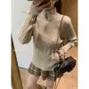 Prenda base de punto acanalado con cremallera, estilo retro, para mujer, perfecta para otoño e invierno, que ofrece un aspecto sofisticado y ajustado, un cuello semi-alto y un top de punto