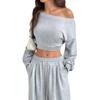 Traje Casual Transfronterizo Europeo y Americano 2025 Sudadera de Color Puro Cuello Barco Hombro Descubierto Holgado Tejido Traje Corto de Manga Larga