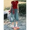 Jeans cropped largo estilo retrô para mulheres, novo estilo de verão, adequado para corpo tipo pera, plus size, shorts retos soltos e que afinam