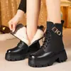 Botas Martin de Algodón con Felpa para Mujer 2026 Invierno Nuevas Estilo Británico con Cordones Media Pantorrilla Botas de Motocicleta Suela Gruesa Tacón Grueso Botas de Caballero