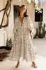 2026 Nuevo Estilo Vestido Floral Estilo Vacaciones Impreso en 3D para Mujer Holgado Cuello en V Corbata Manga Abullonada Longitud Media Vestido Playa