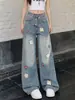 ChaoLi tiene en stock jeans con diseño bordado de dibujos animados y anime lindos para mujer, pantalones de pierna ancha de cintura alta estilo universitario de verano